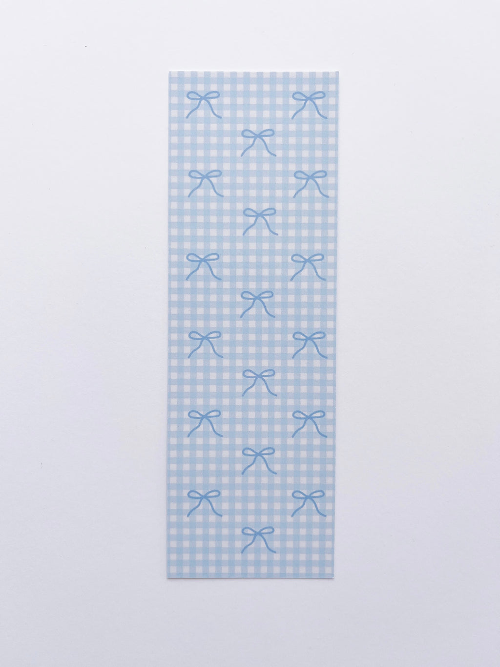 bookmark featuring a blue bows on a blue and white gingham background