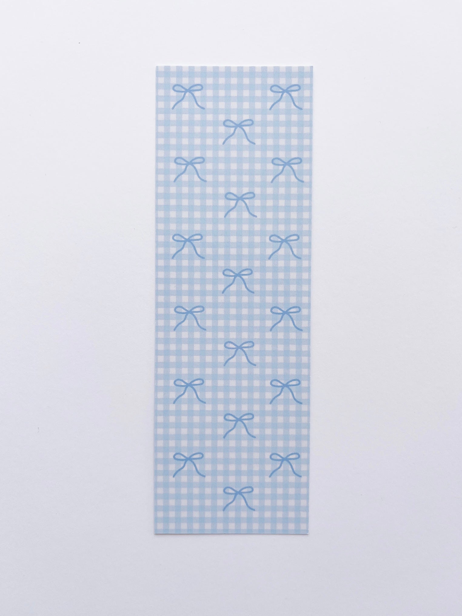 bookmark featuring a blue bows on a blue and white gingham background