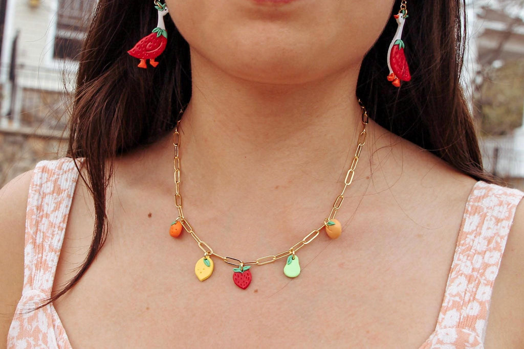 Necklace with colorful fruit-shaped clay charm pendants