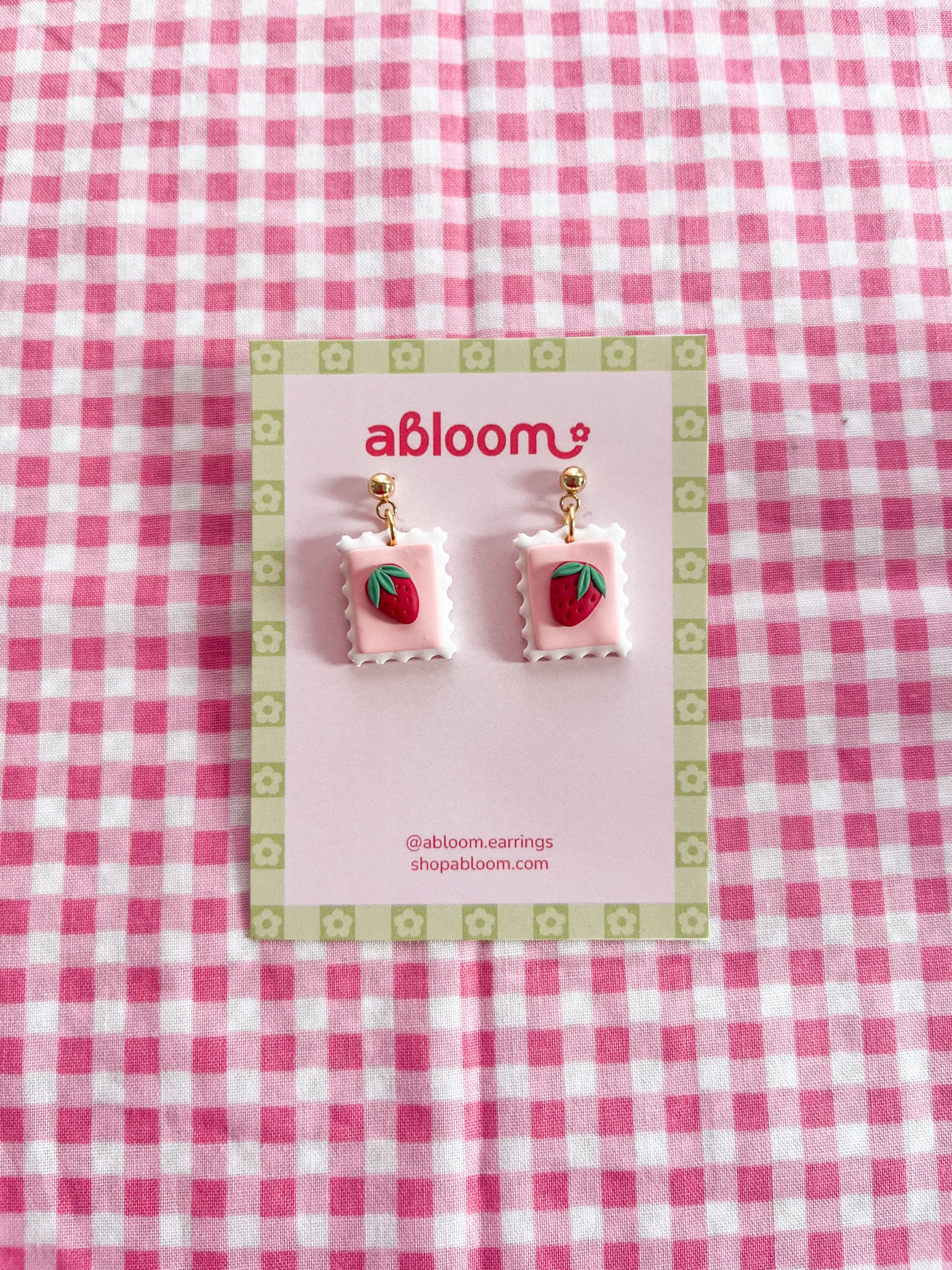 Cute whimsical fruit postage stamp earrings handmade from polymer clay