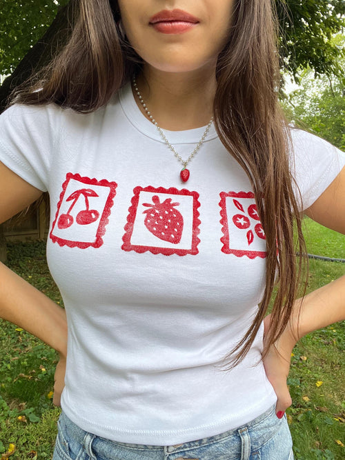 bright red linocut berry stamp tee