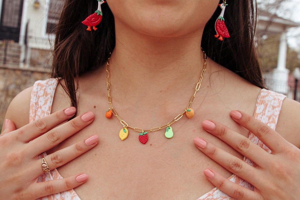 necklace with tiny fruit polymer clay charms