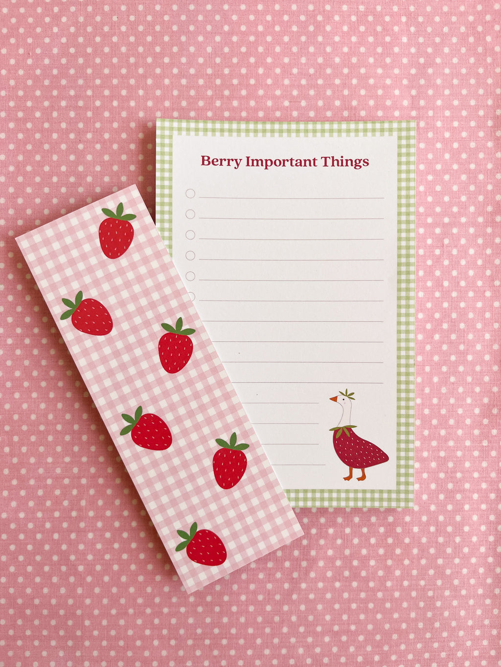 Notepad with 'Berry Important Things' text  and a strawberry goose illustration