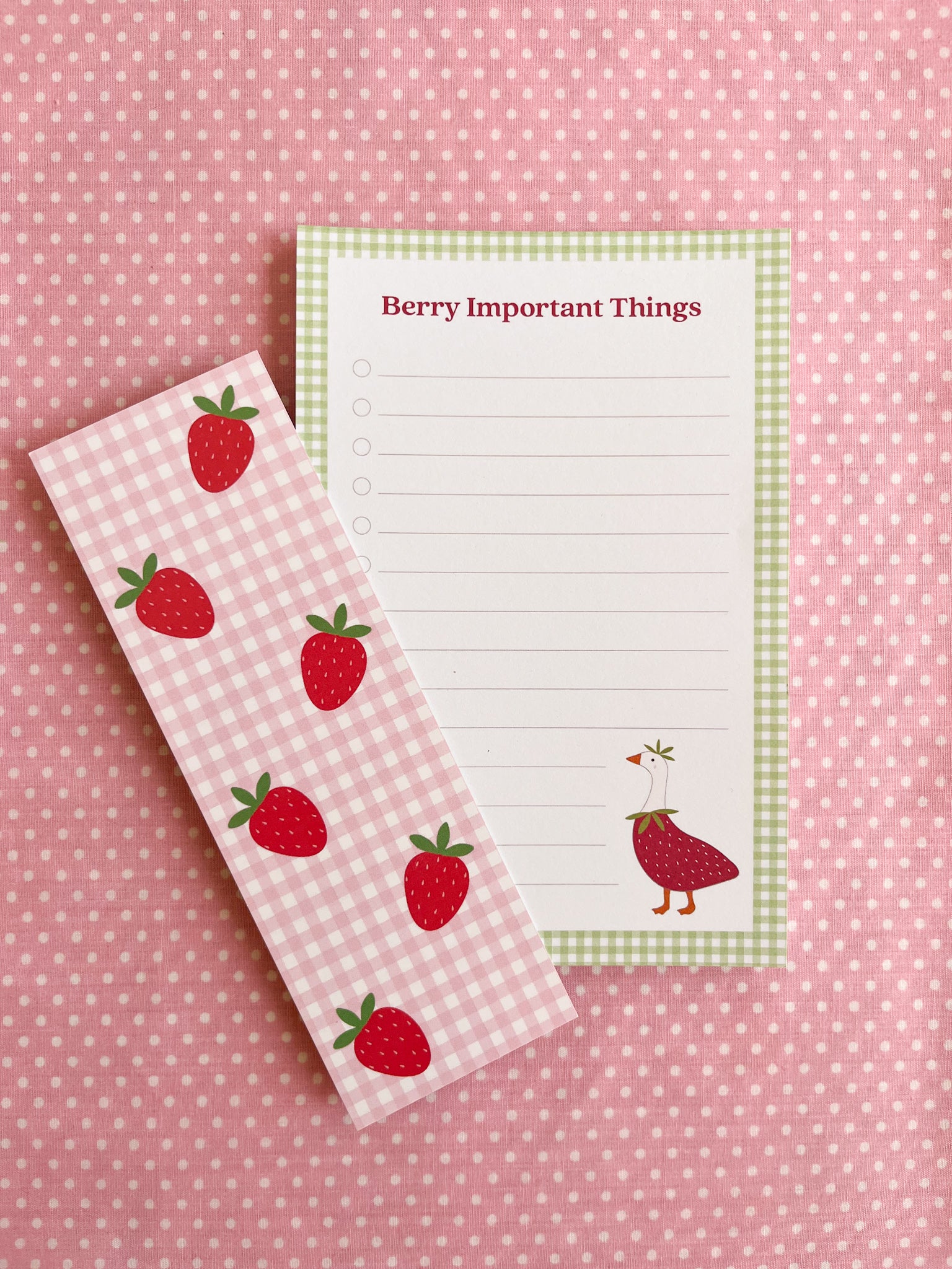 Notepad with 'Berry Important Things' text  and a strawberry goose illustration