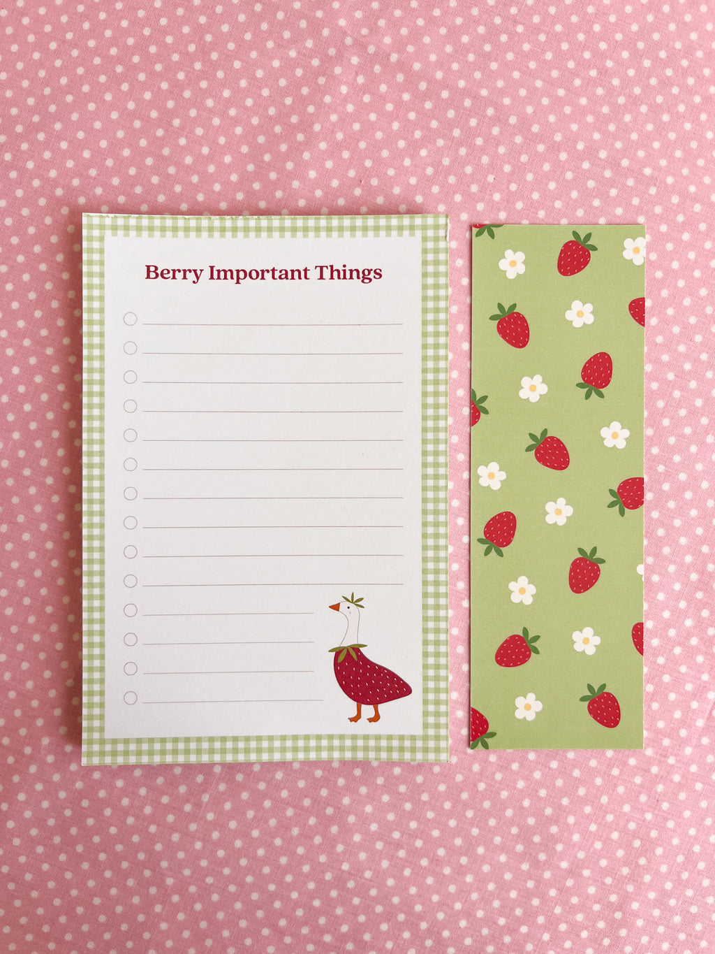 Notepad and bookmark with strawberry and strawberry goose design 