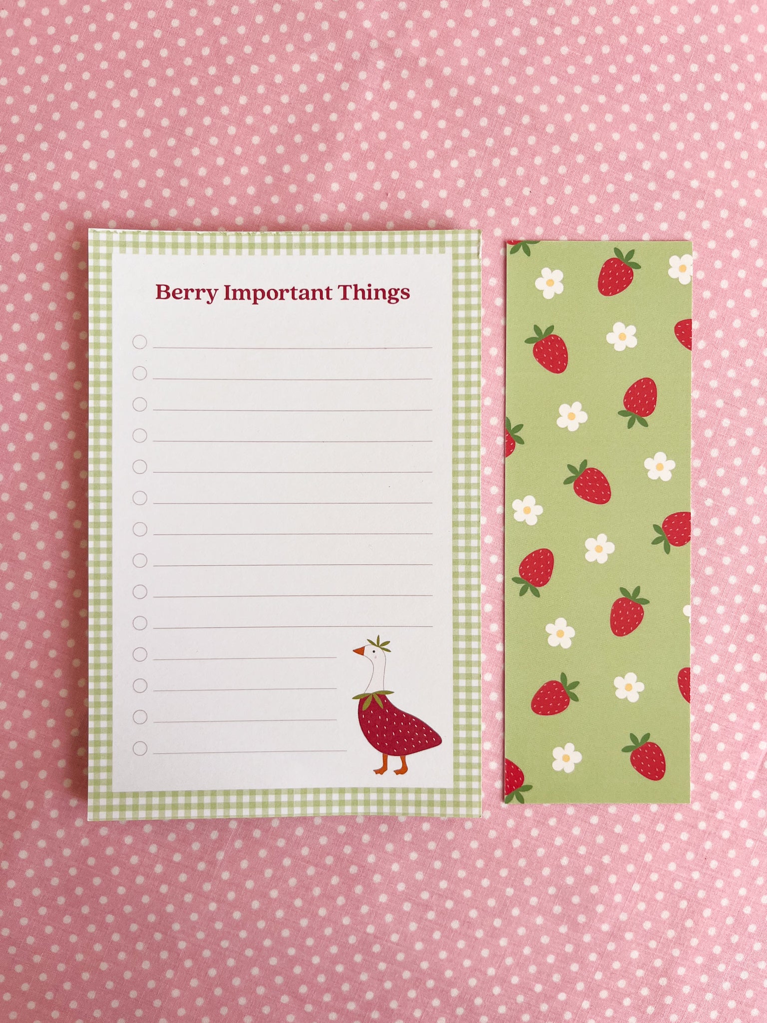 Notepad and bookmark with strawberry and strawberry goose design 