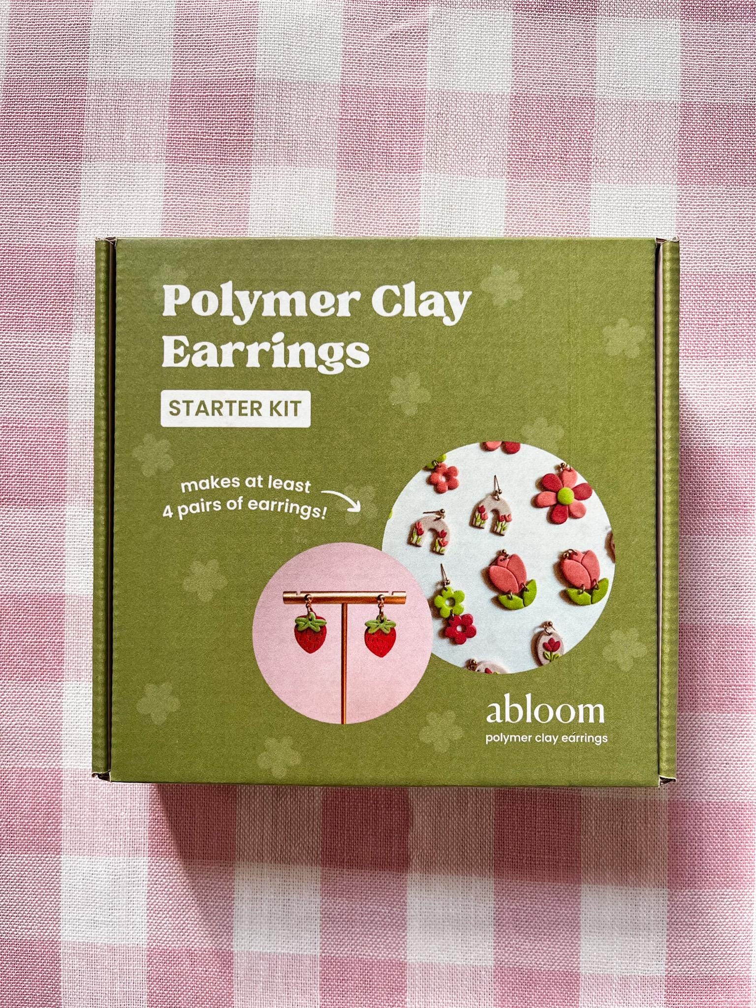 Box of Polymer Clay Earrings Starter Kit by abloom on a checkered fabric background