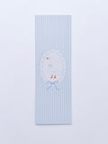 bookmark featuring a goose illustration on a frame on blue and white stripped background