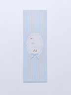 bookmark featuring a goose illustration on a frame on blue and white stripped background